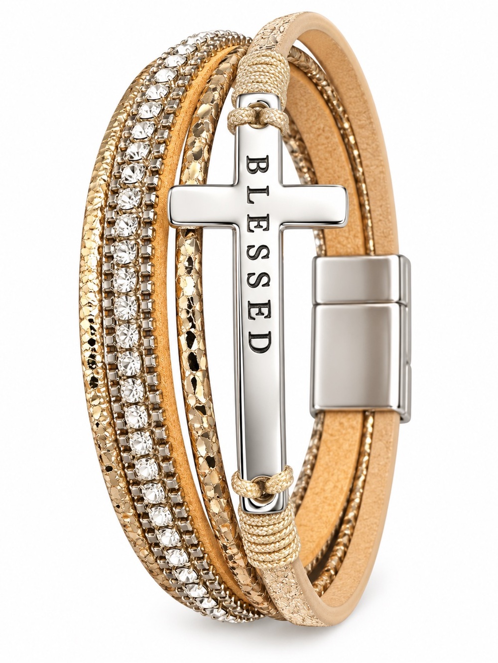 Gold Tone 'Blessed' Multi-Row Cross Wrap Bracelet
